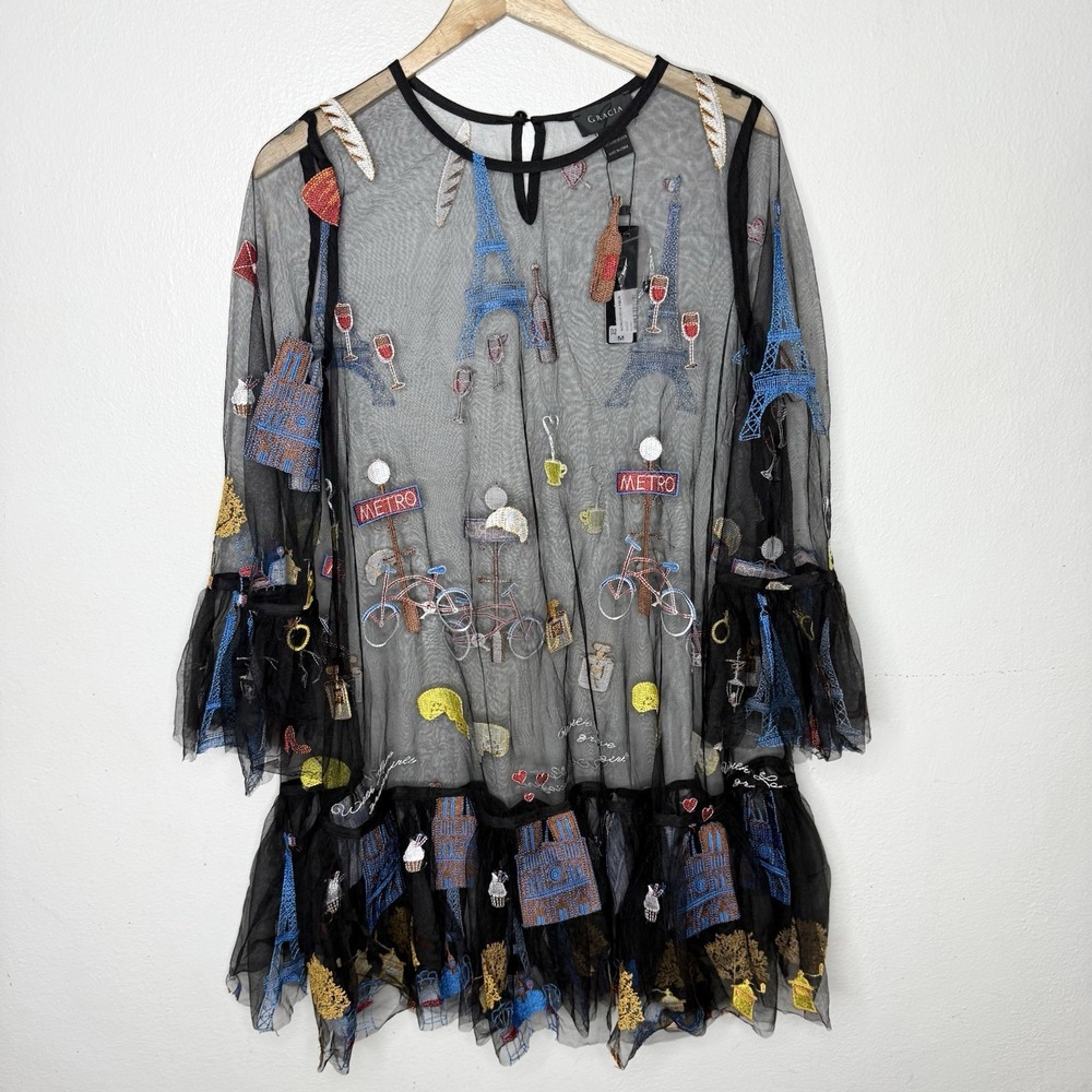 New Gracia Sheer Embroidered Paris Theme Dress Women's Medium *No Lining